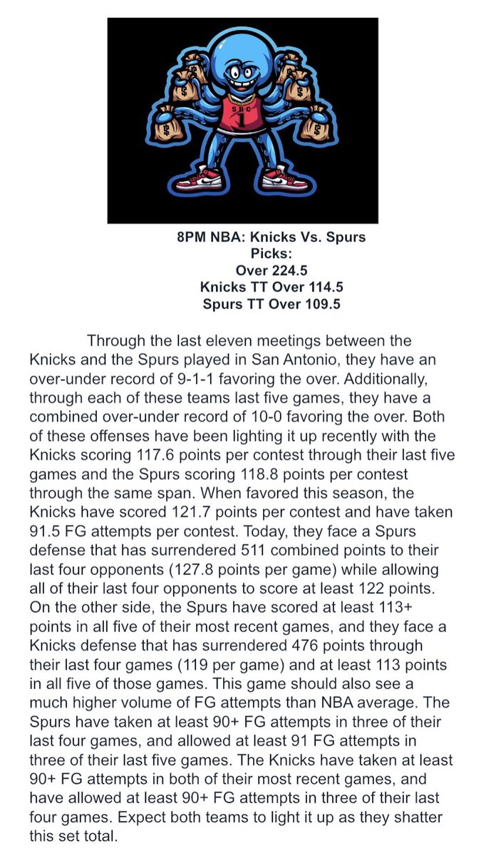 SRCGROUP2K's tweet photo. Knicks Spurs Over 224.5✅
Knicks TT Over 114.5✅
Spurs TT Over 109.5✅
Last 24 Free Plays: 22-2 (91%)

For all plays⬇️
https://t.co/h7hc64kN5n

To be sent Mondays Free Play
- Like &amp; Retweet 
- Comment #Betsmarter
- DM Done
Play sent at 6PM Monday

#Betsmarter #Gamblingtwitter https://t.co/9DvmkElRhV