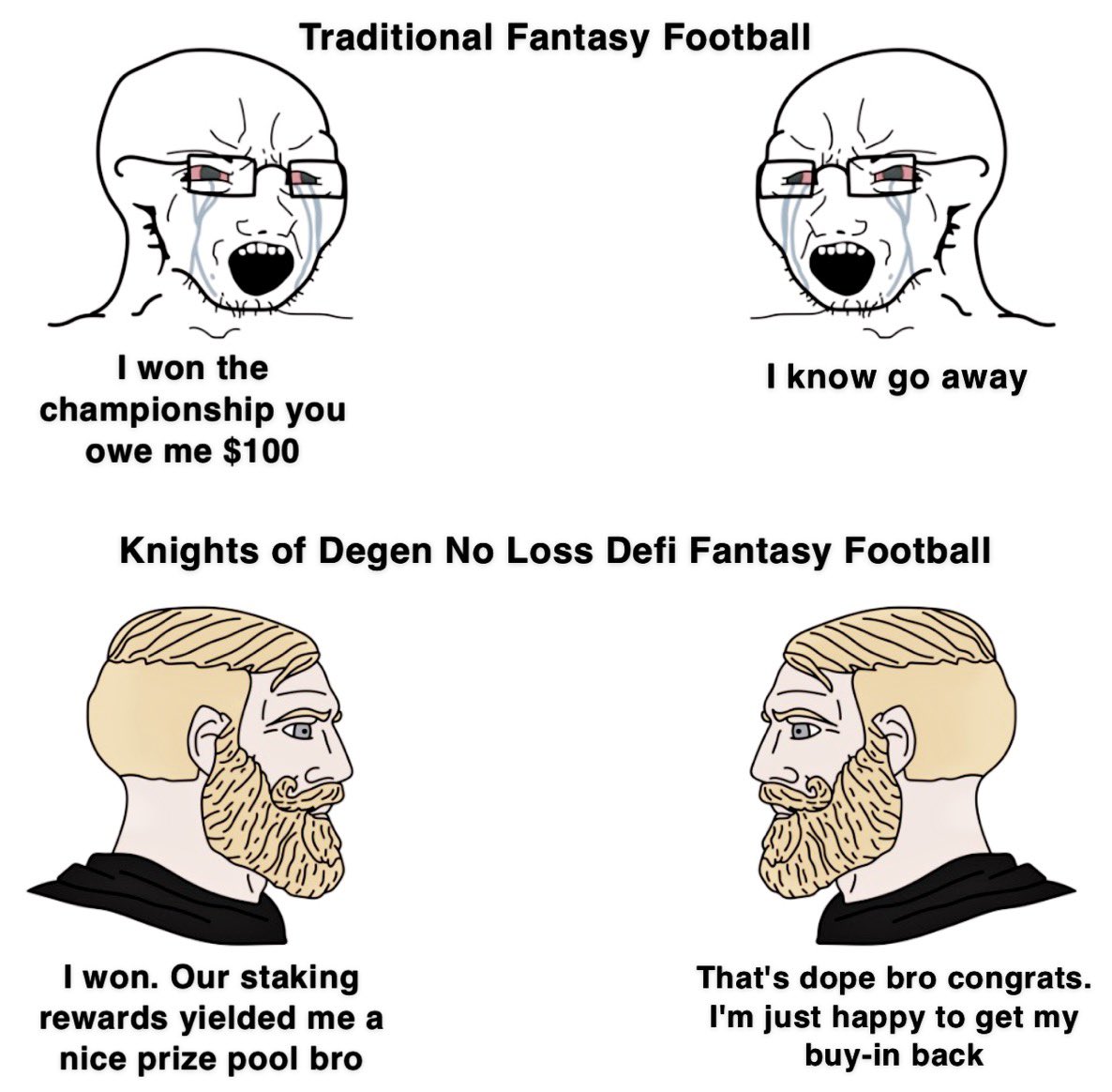 The Knights of Degen are formulating entirely new fantasy game modes leveraging their token &amp; defi. No Loss Defi Fantasy Football was an interesting one used as an example in their whitepaper...

<a href="/knightsofdegen/">Knights of Degen</a>