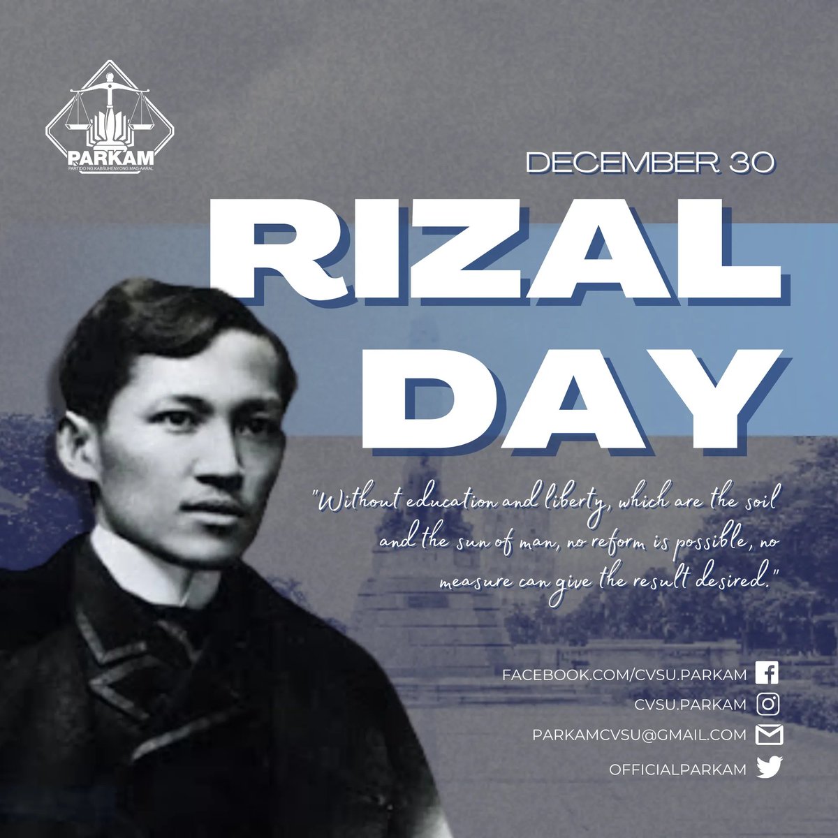 OfficialParkam's tweet photo. "Without education and liberty, which are the soil and the sun of man, no reform is possible, no measure can give the result desired." — José Rizal

#RizalDay
#PARKAM2022
#EhemploNgPagbabago https://t.co/KvFfnZdfa3