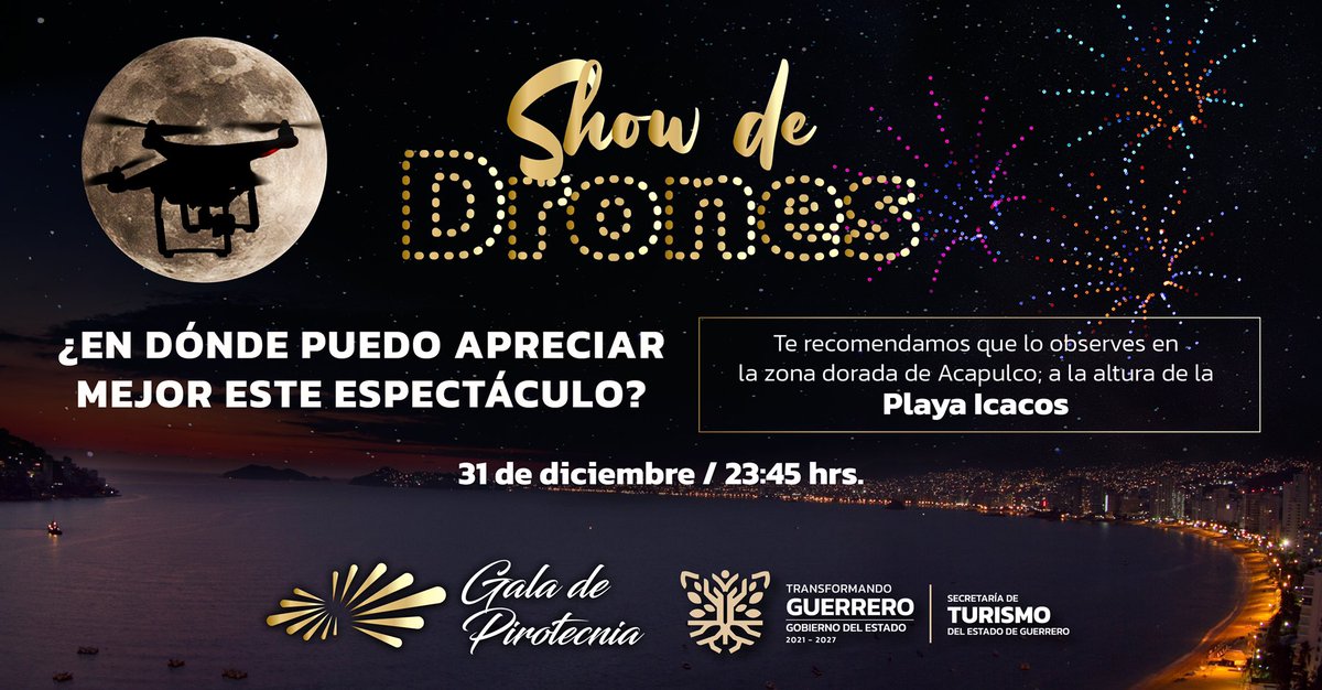 La Gala de Pirotecnia “Guerrero vuelve brillar”que tiene programada el <a href="/Gob_Guerrero/">Gobierno de Guerrero</a> y que para la edición de este año tiene preparada una pieza musical especialmente para esta imponente celebración, sorprenderá aún más con 200 drones que formarán imágenes inspiradas en Guerrero.