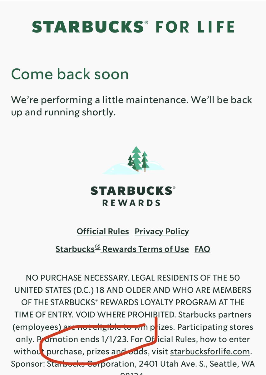 mrsdanger86's tweet photo. Promotion ends 1/1/23…so we’re shutting down the app for “maintenance” on 12/29. Got it. 😉 ⁦@Starbucks⁩ #starbucks #starbucksforlife https://t.co/EpJ3k4yEZq