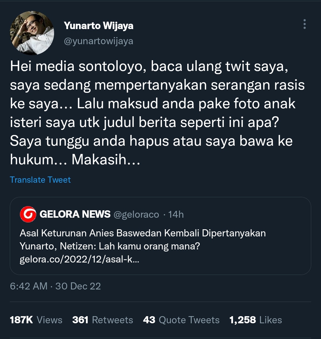 StefanAntonio__'s tweet photo. .
.
INI SUDAH KETERLALUAN @geloraco !!!

Berpolitik harus tau Adab dan Etika ..
Bang @yunartowijaya yg bikin tuitan,
kenapa kalian @geloraco serang Keluarganya?!!

Berani kalian mengusik Keluarga seorang Laki-Laki, maka terima konsekuensimu !!

@dewanpers hrs tindak TEGAS !!
.
. https://t.co/g6ZMz0VtFS