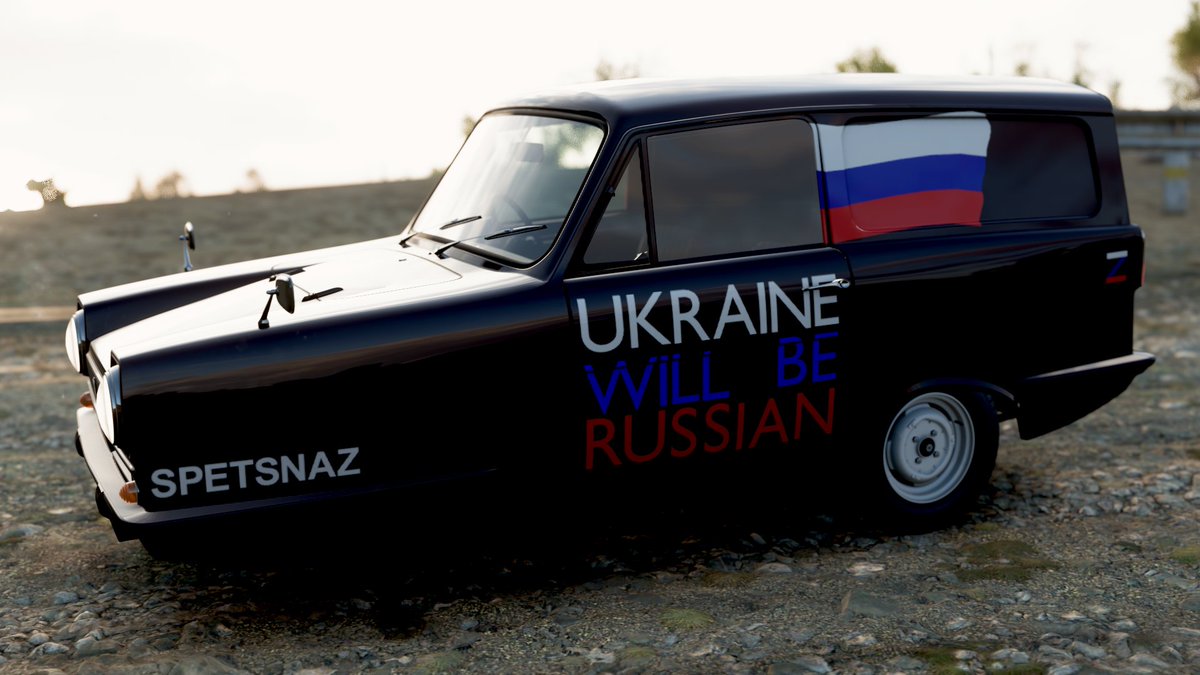 CarterDavidov's tweet photo. Got this 'gift' From some asshat with cyrillic name. Getting a respray right after I send the former owner a lovely note. #UkraineStrong #UkraineWillwin #ForzaHorizon5 #XboxShare https://t.co/xrofQJSzdo