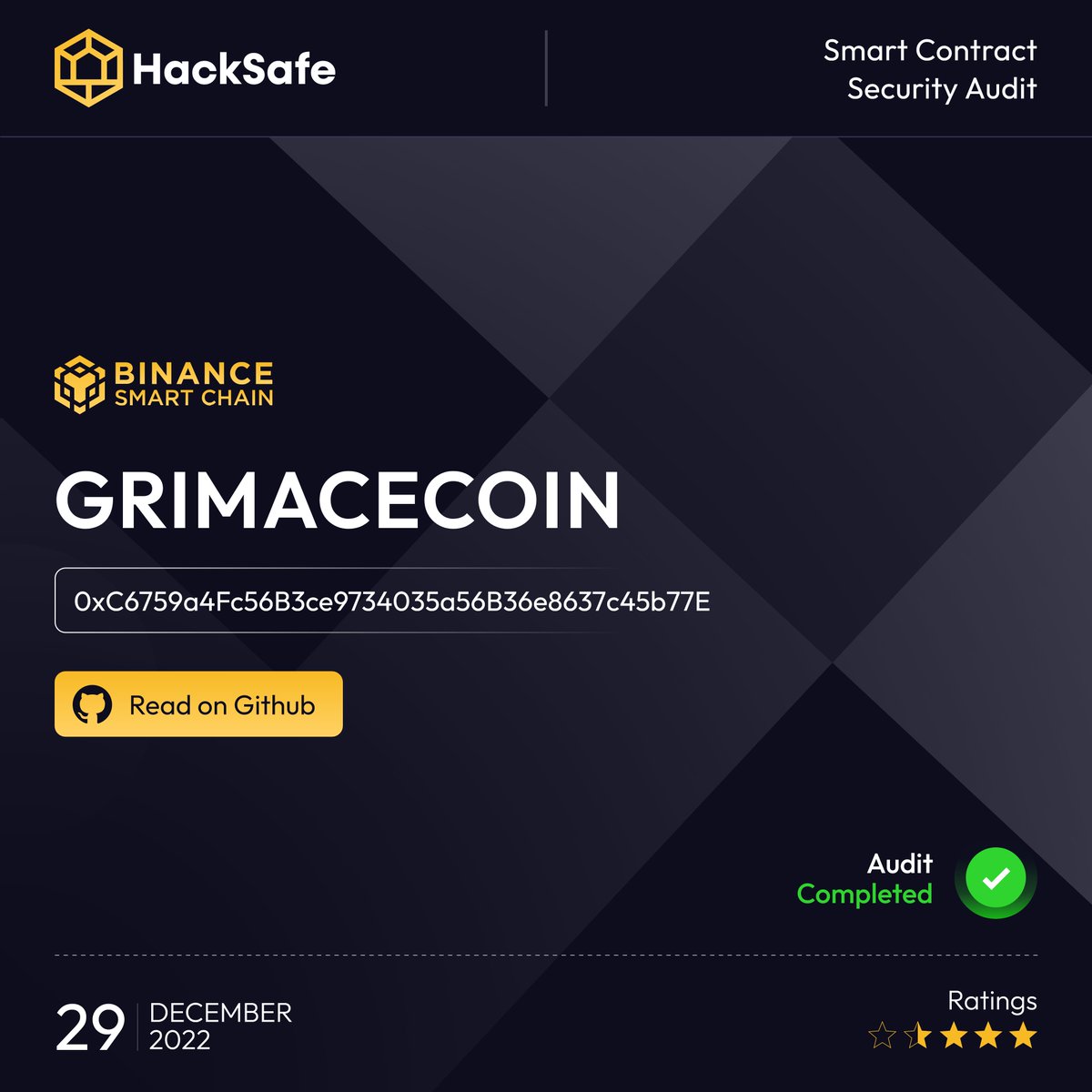 Hacksafe_'s tweet photo. Security audit for the Smart Contract Of GrimaceCoin has been completed by #HackSafe ✅
Request our service at : https://t.co/0BFgtFniBa
Read GrimaceCoin Audit report : https://t.co/neGSKishOZ
Know more about : https://t.co/PTRju4Suua
#Smartcontract #audit #cryptocurrency #BSC https://t.co/IcO0LhBqkd