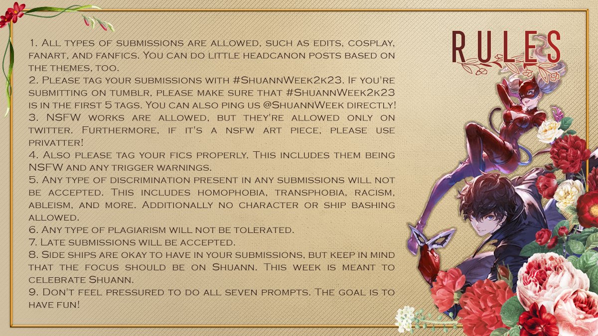 Hey everyone! We're thrilled to announce #ShuannWeek2023's prompts ✨For this run, Shuann Week will run from 4/10 - 4/16! We hope to see everyone there!! #Shuann #Akirann #Renann #主杏 #Persona5 #Persona5Royal