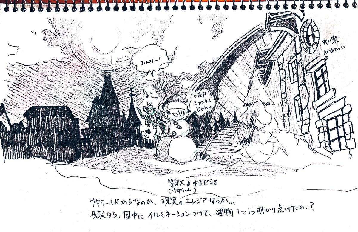 今日はサンタウタちゃんの模写してるんだけれど、この真ん中の雪だるまシャンクスだね…??左目、三本線だもんね…???シャンクスの雪だるま、作ったんだねウタちゃん……一人で…… https://t.co/tFz21ho1Co