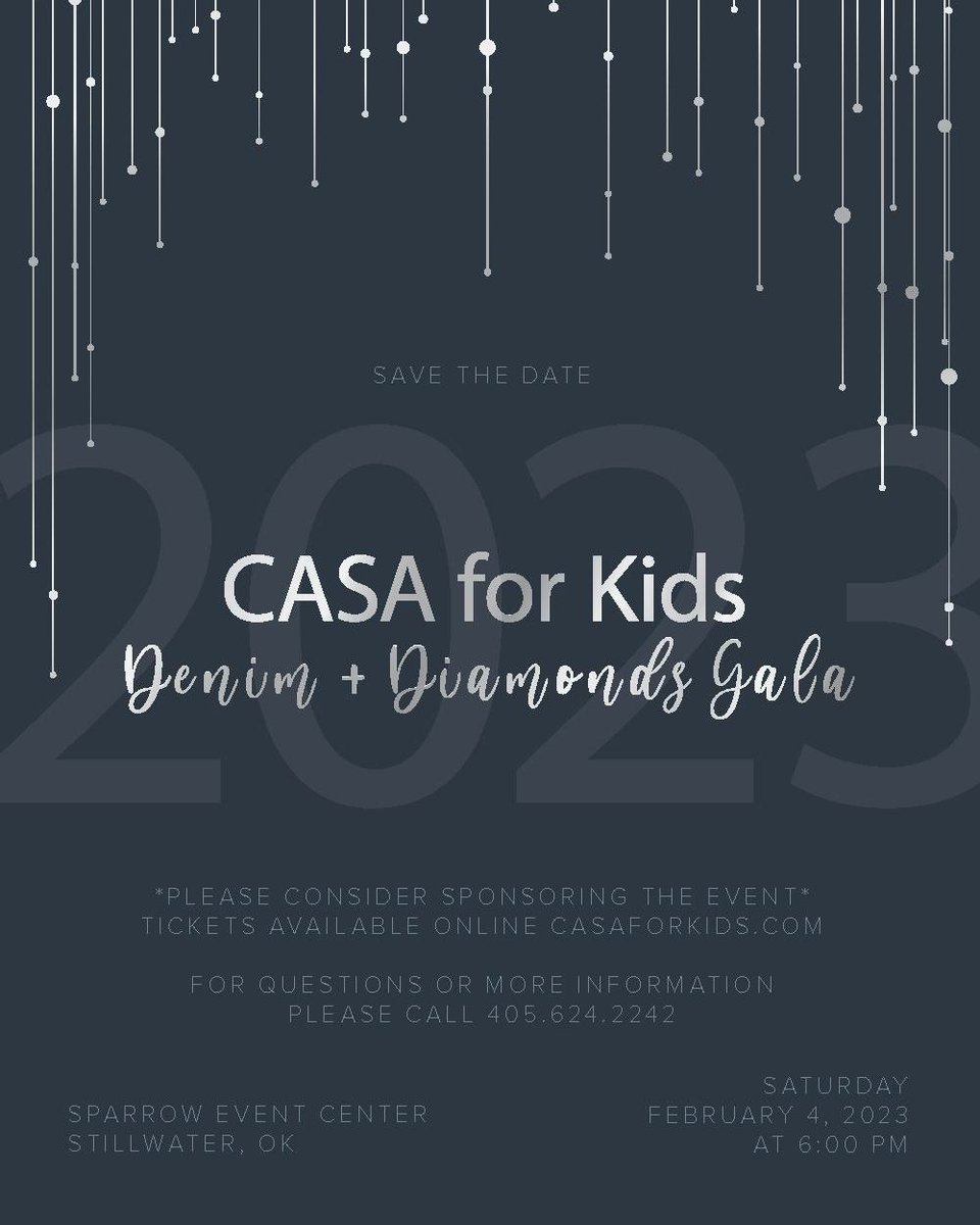 Save the date for the CASA for Kids Denim &amp; Diamonds gala on February 4, 2023. To purchase tickets: casaforkids.cbo.io