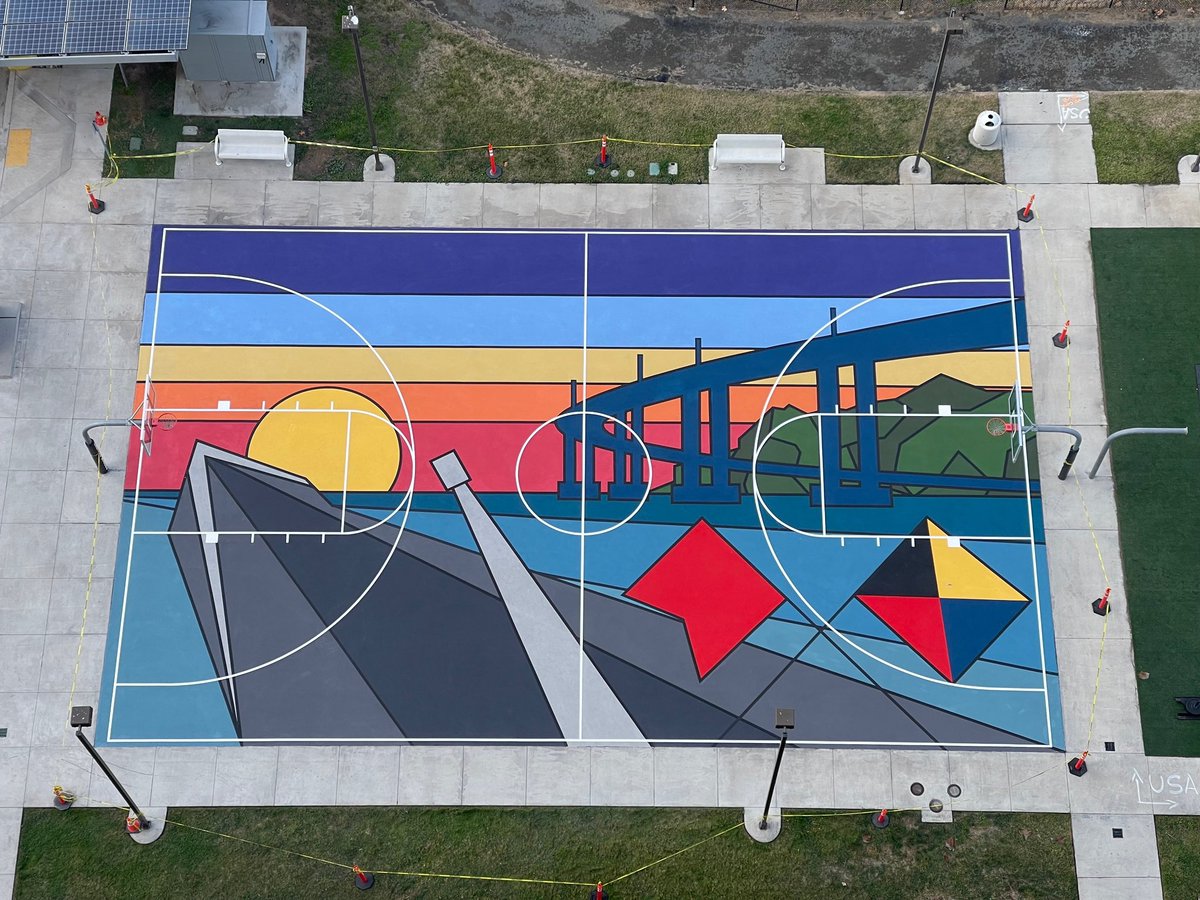 montyart's tweet photo. “Bravo Zulu” bball court completed with @projectbackboard for the U.S. Navy in San Diego, CA. Point Loma, Coronado bridge, ship heads out to sea at sunset. Nautical flags represent “Well Done”. Thank you to Project Backboard and the U.S. Navy in San Diego, CA. 
#projectbackboard https://t.co/jr4nuyFhKt
