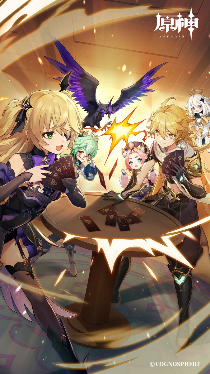 aether (genshin impact) ,diona (genshin impact) ,fischl (genshin impact) ,paimon (genshin impact) multiple girls blonde hair animal ears pink hair green eyes 1boy bird  illustration images