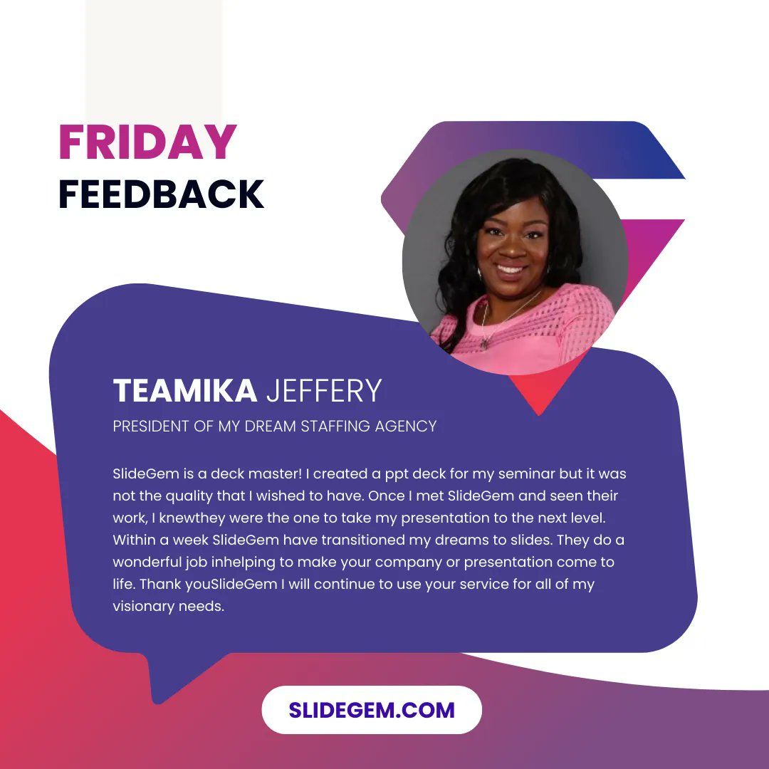 SlideGem's tweet image. Always love seeing your feedback, thank you!

Contact us today:
📨 Email: Hi@slidegem.com
📲 WhatsApp: +92 3096 302626

#FridayFeedback #SlideDesigner #ProPresentationDesigner
#testimonial #Powerpoint #designthinking #visualdesign