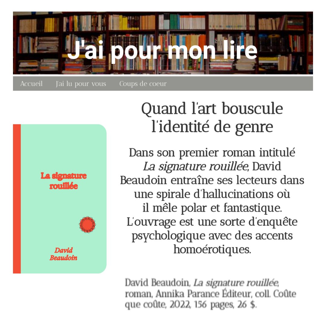C'est vendredi, on lit ! 📚💙📖

« Dans son premier roman intitulé LA SIGNATURE ROUILLÉE, David Beaudoin entraîne ses lecteurs dans une spirale d’hallucinations où il mêle polar et fantastique. »

La recension complète de Paul-François Sylvestre est au jaipourmonlire.ca/jai-lu-pour-vo… !