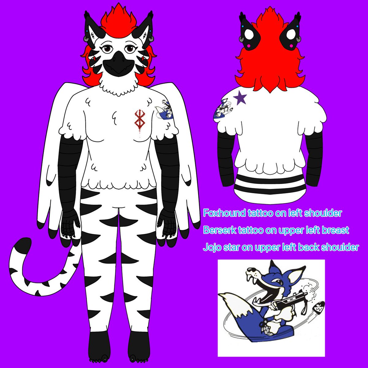 mulletlicker's tweet photo. Ok normal clothed ref and a “naked” ref to show tattoos and markings. Random notes claws/nauls can be any color hut default is black. Earrings are top is blue stud, middle silver hoop and bottom lobe is interchangeable! #furryart #fursonaart #fursonaref #fursonareference https://t.co/8xF16fFoC9