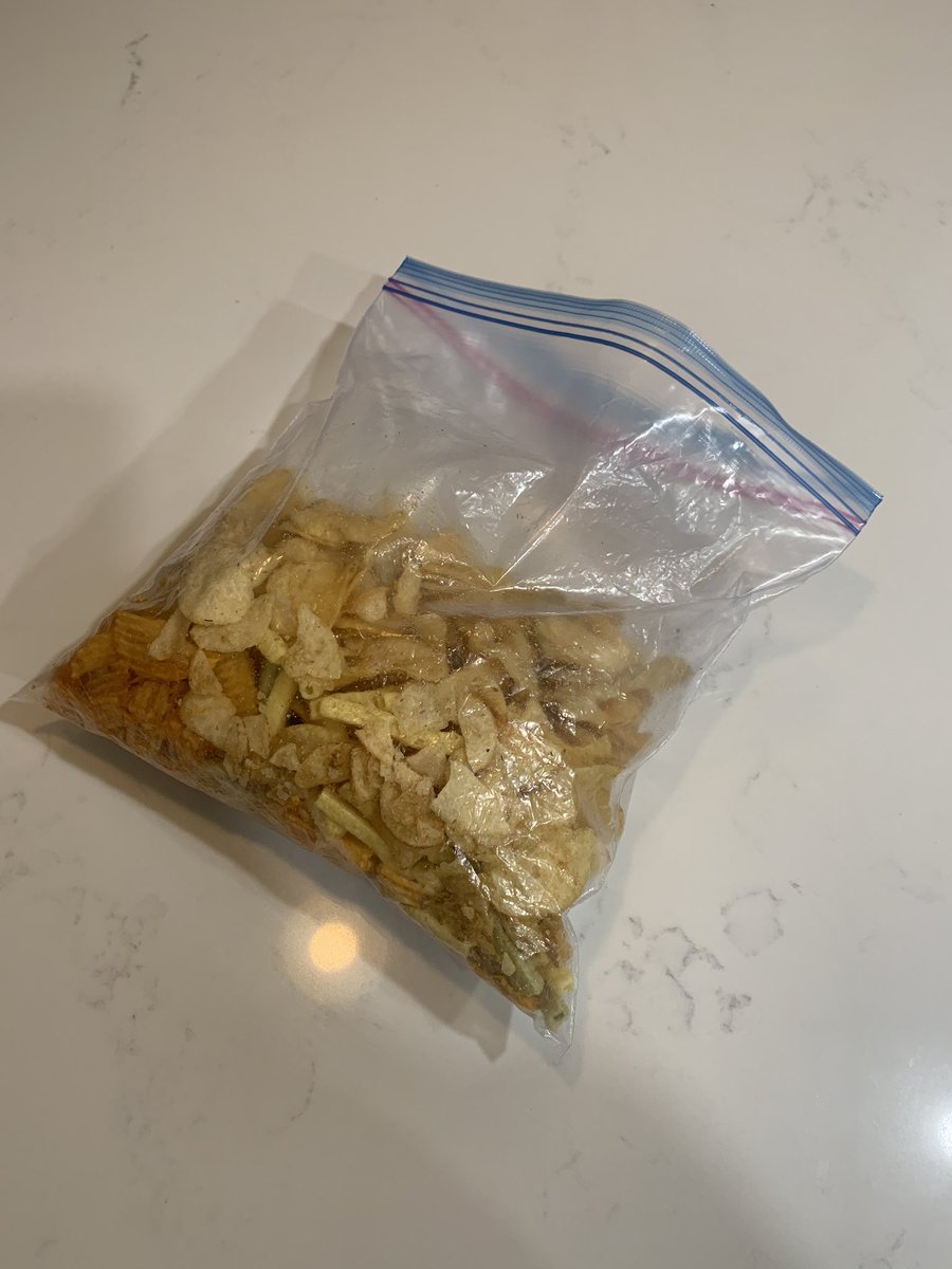 My partner’s toxic trait is consolidating all opened bags of chips and chip-adjacent snacks into one giant ziplock bag. Absolute chaos.