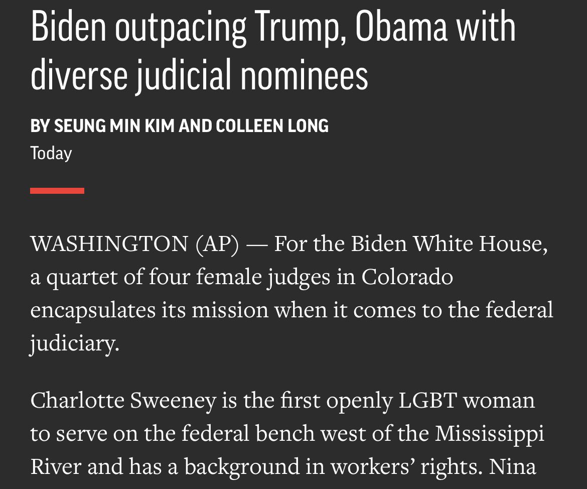 flyhurter's tweet photo. In an @AP article about the record number of “diverse” judges nominated by the Biden Administration, @seungminkim and @ctlong describe Charlotte Sweeney as an “LGBT woman.” https://t.co/jNeGugv3OU