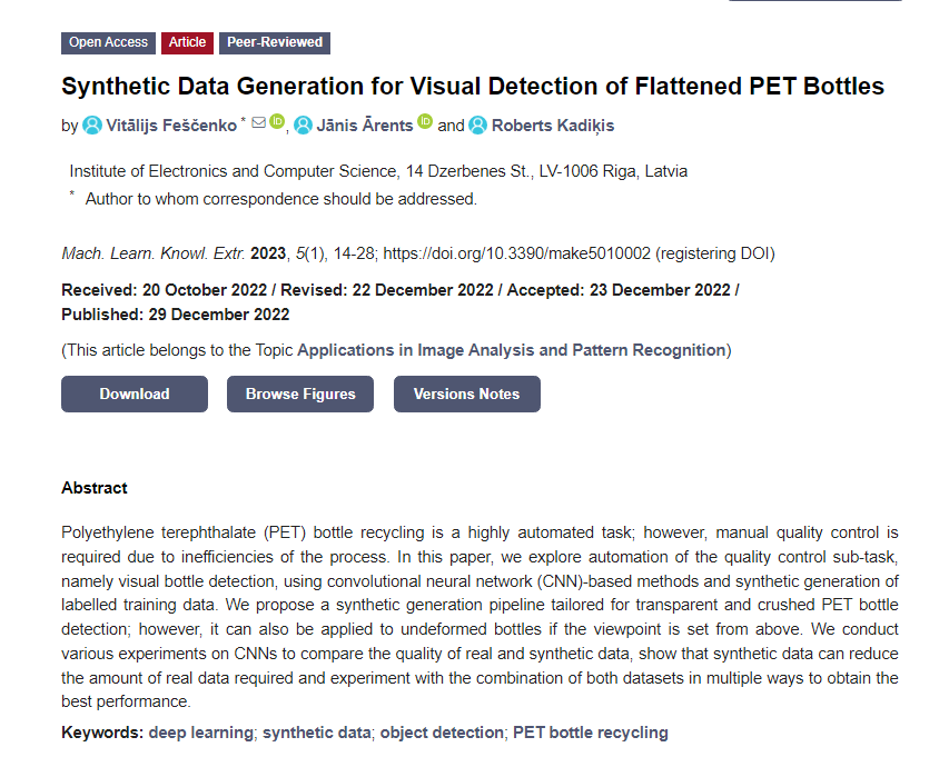 MAKE_MDPI's tweet image. 📖Read the new publication on "#SyntheticData Generation for #VisualDetection of Flattened #PET Bottles"

✏️By @VitālijsFeščenko, @Jānis Ārents and @RobertsKadiķis  

👉Find more details at mdpi.com/2504-4990/5/1/2
 #deeplearning #objectdetection  #machinelearning