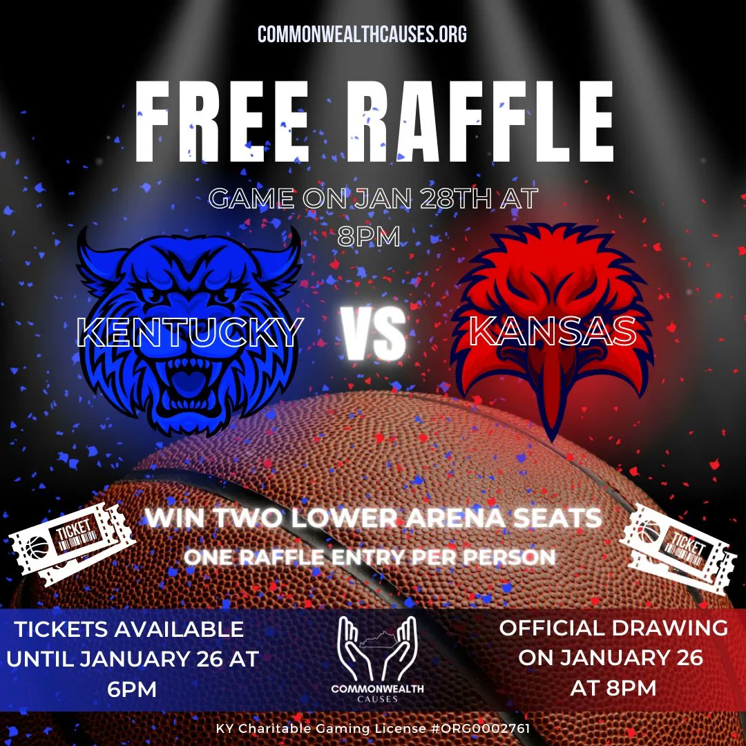 FREE RAFFLE Alert! 🔵⚪️ It's back!  Win 2 lower arena tickets to the Kentucky vs Kansas men's basketball game, on January 28th.  With 13 different ways to enter, you can improve your odds of winning!  Raffle ends on January 26th at 6pm.  Visit commonwealthcauses.org/free-raffle to play!