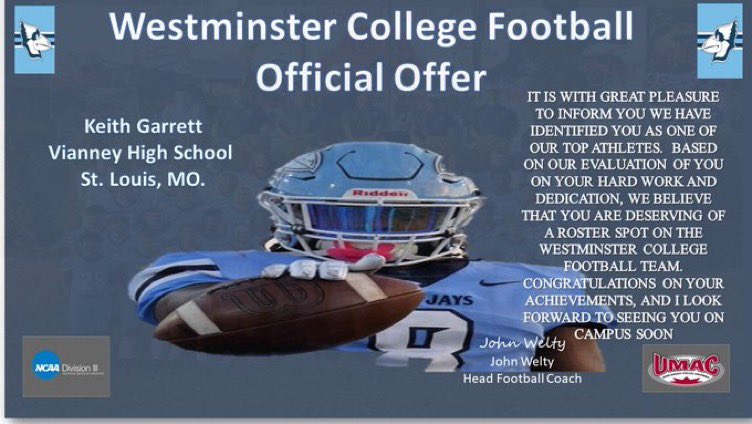 Blessed to receive my second offer from Westminster! 
<a href="/WESTMOFB/">Westminster College Football</a> @ekern2 <a href="/CoachStarkey20/">Christopher Starkey</a> <a href="/VianneyFootball/">Vianney Football</a>