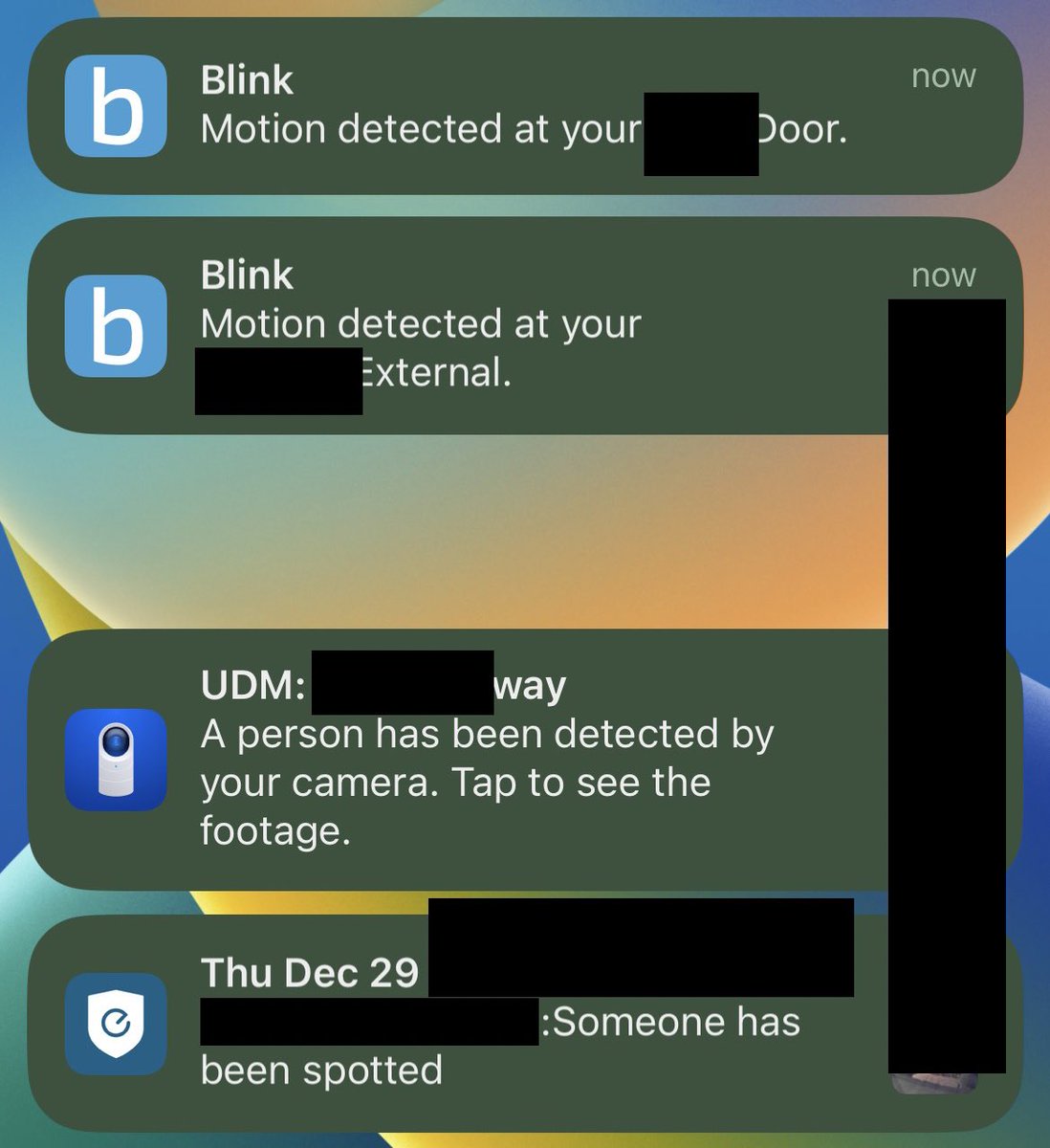 SwiftOnSecurity's tweet photo. POV someone walks up to my house, I get phone alerts, Alexa turns on porch and driveway floodlights automatically, and I get a whole-house announcement that just says "human."
One camera is hard-wired against WiFi jamming, two are IR so surveillance confusion clothing won't work. https://t.co/htUsRKre3b