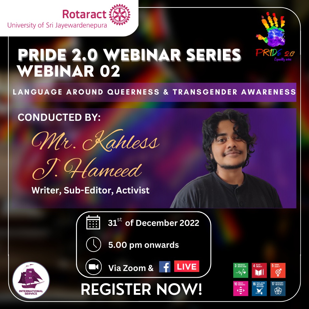 rotaractusjp's tweet photo. "PRIDE 2.0" - Second Webinar
Topic: "Language Around Queerness & Transgender Awareness"
Conducted by: Mr. Kahless J. Hameed
ποΈ: 31.12.2022
π: 5.00 PM
π: Via Zoom
#PRIDE2_0 #RACUSJ #Rotaract #Rotaract3220 #ImagineRotary #LearnServeandStrive https://t.co/a2epgHSlt5