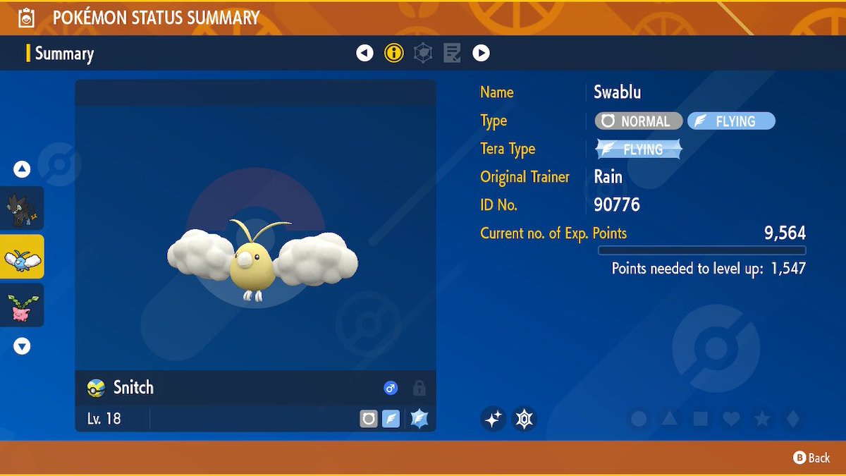 studpuffinn's tweet image. Pokémon SV is my first time shiny hunting! I’m super excited, I had my first successful hunt tonight with Swablu - the other three I found full odds while playing through the story 😋