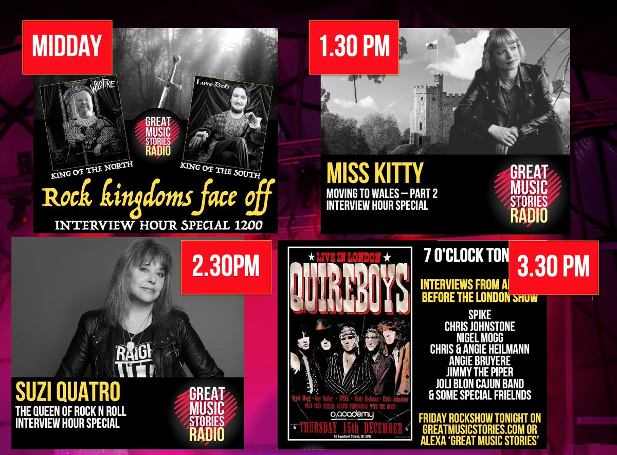 GuyB_rockshow's tweet photo. Morning all! From midday today a run of interview hour repeats on Great Music Stories Radio with @WildFireFestUK @loverocksfest #MissKitty, #suziquatro and @SpikeQuireboys
Friday rockshow follows at 5pm on https://t.co/QwdpOT0bsr x https://t.co/9Dfz27ZXEZ