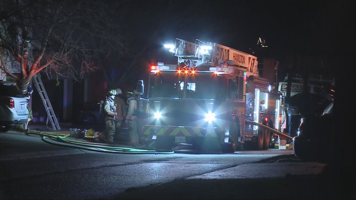 Media371's tweet photo. Four dead following a townhouse fire on Derby Street in Hamilton late Thursday night. Two adults and two children removed from the second floor by @HamiltonFireDep crews, transported by @HPS_Paramedics and pronounced dead in hospital. @ONFireMarshal notified.  #HamOnt https://t.co/85BwxXKyYJ