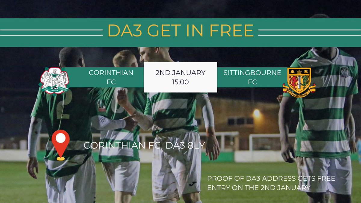 2023 FOOTBALL

Corinthian FC 🆚 <a href="/SittingbourneFC/">Sittingbourne FC</a> 

#TheHoops are starting the new year at home in the <a href="/IsthmianLeague/">The Pitching In Isthmian League</a> 

🗓 Monday 2nd January
⏰ 15:00
🏟 Corinthian FC, DA3 8LY

🎫 Adults £9, Concession £5
📍 DA3 GET IN FREE, proof of address at the gate

🥤From 1300
🍔 From 1430