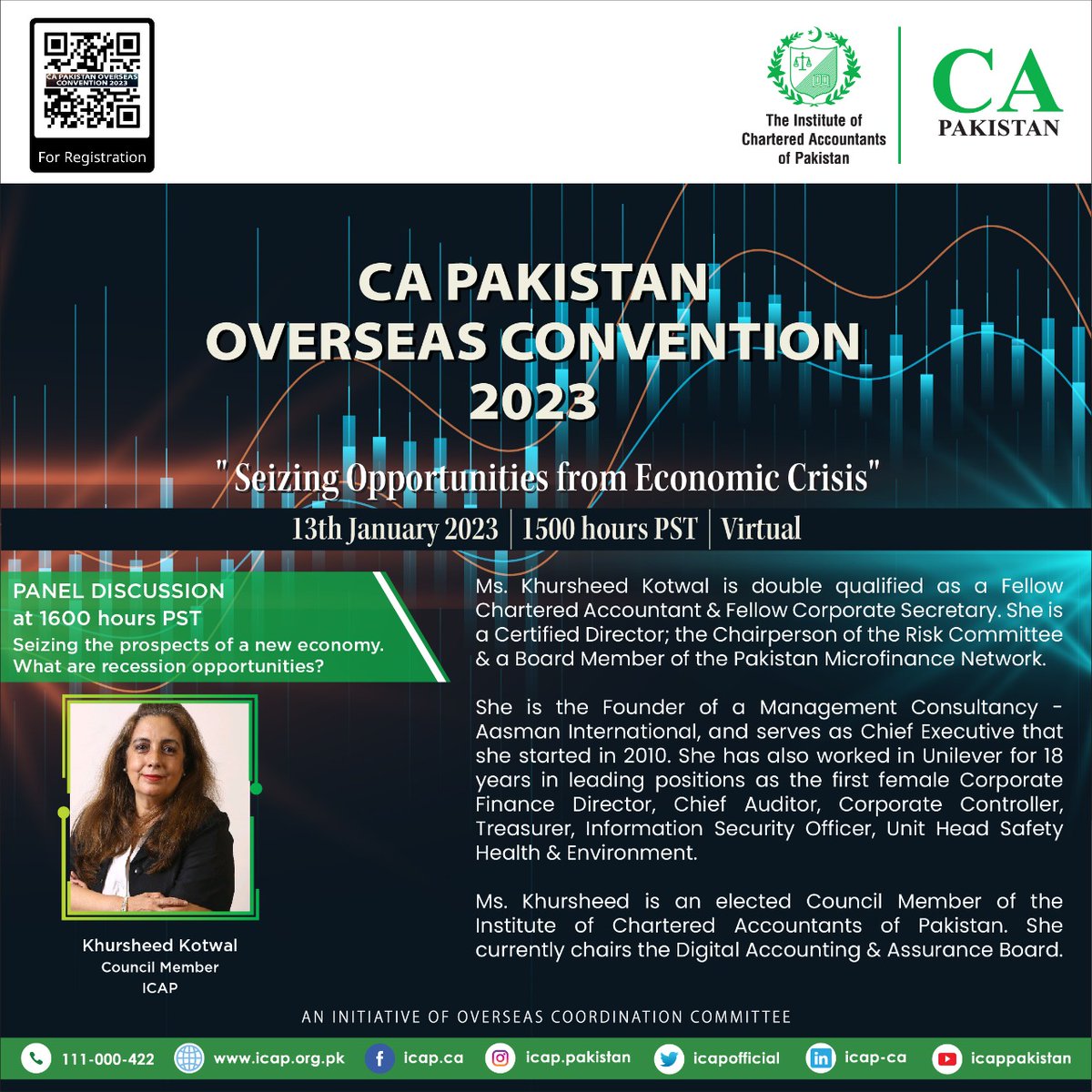 icapofficial's tweet photo. #MeettheModerator
Ms. Khursheed Kotwal, Council Member ICAP will be moderating the panel discussion on “Seizing the prospects of a new economy. What are recession opportunities?”.
Brochure >> https://t.co/79HrID2S7P
Register Now >> https://t.co/OGGPYjt0gB
#ICAP #CAPakistan https://t.co/it8stY7vcV
