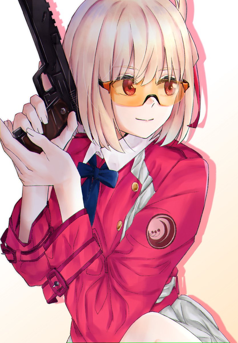 nishikigi chisato 1girl weapon gun lycoris uniform two-tone dress holding weapon solo  illustration images