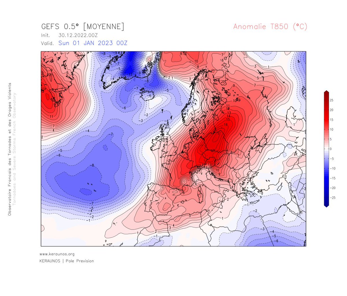 2023 va commencer avec un coup de chaud sur toute l'Europe. Pour inaugurer la nouvelle année, on attend des anomalies de +10 à +15°C  vers 1500 mètres d'altitude de la France à la Pologne principalement. Des records de douceur pour cette période de l'année devraient être battus. 