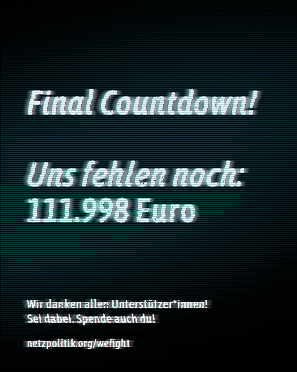 Ihr seid unheimlich toll! 

1.004.002 € haben wir schon! \o/
111.998 € fehlen noch.

Wir sind fast am Ziel! 

Echtzeitüberweisungen erreichen uns noch, bevor das Jahr endet!

IBAN: DE62430609671149278400