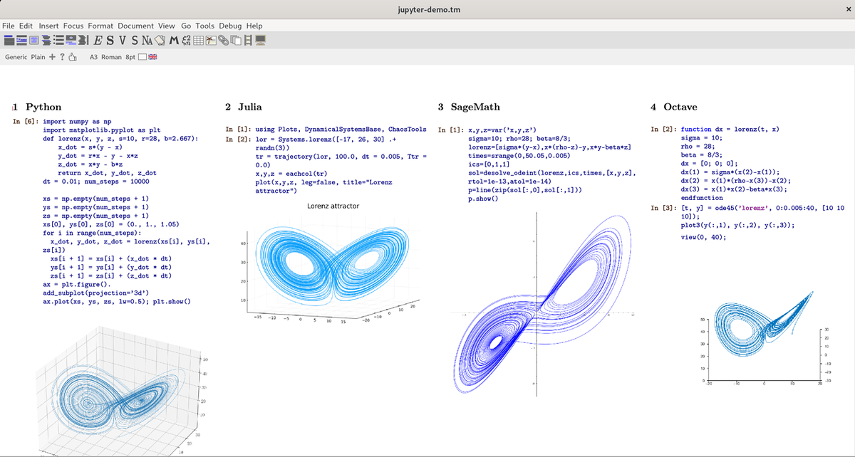 gnu_texmacs's tweet image. TeXmacs interfaces directly with many softwares like #Mathematica #Julia #Python #R #Matlab #SageMath and you can compose rich and beatyful documents in literate programming style. @JuliaLanguage @ThePSF @MATLAB @sagemath
