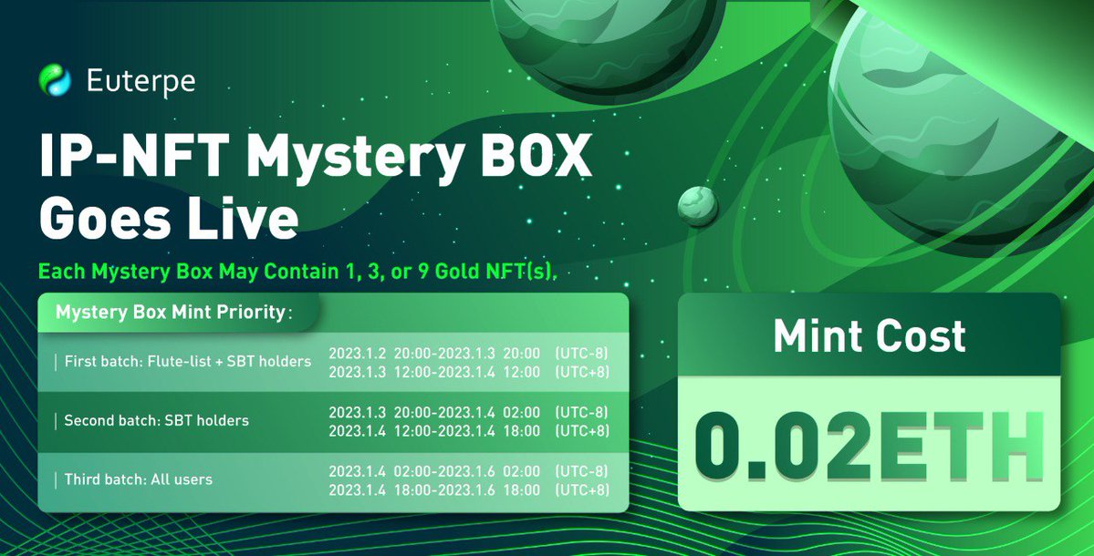 eut_io's tweet photo. 📣IP-NFT Mystery Box Mint Info is Revealed Now! 
⛓️Chain: #Ethereum 
📥Mint Link: https://t.co/DuI8iTcghx

🫡Pay Attention to the Mint Date in Graphic! The holders of IP-#NFT are entitled with a variety of rights in Euterpe!

🎲Looking Forward to your Benefit from Mystery Box! https://t.co/rj6q1Nd9Id
