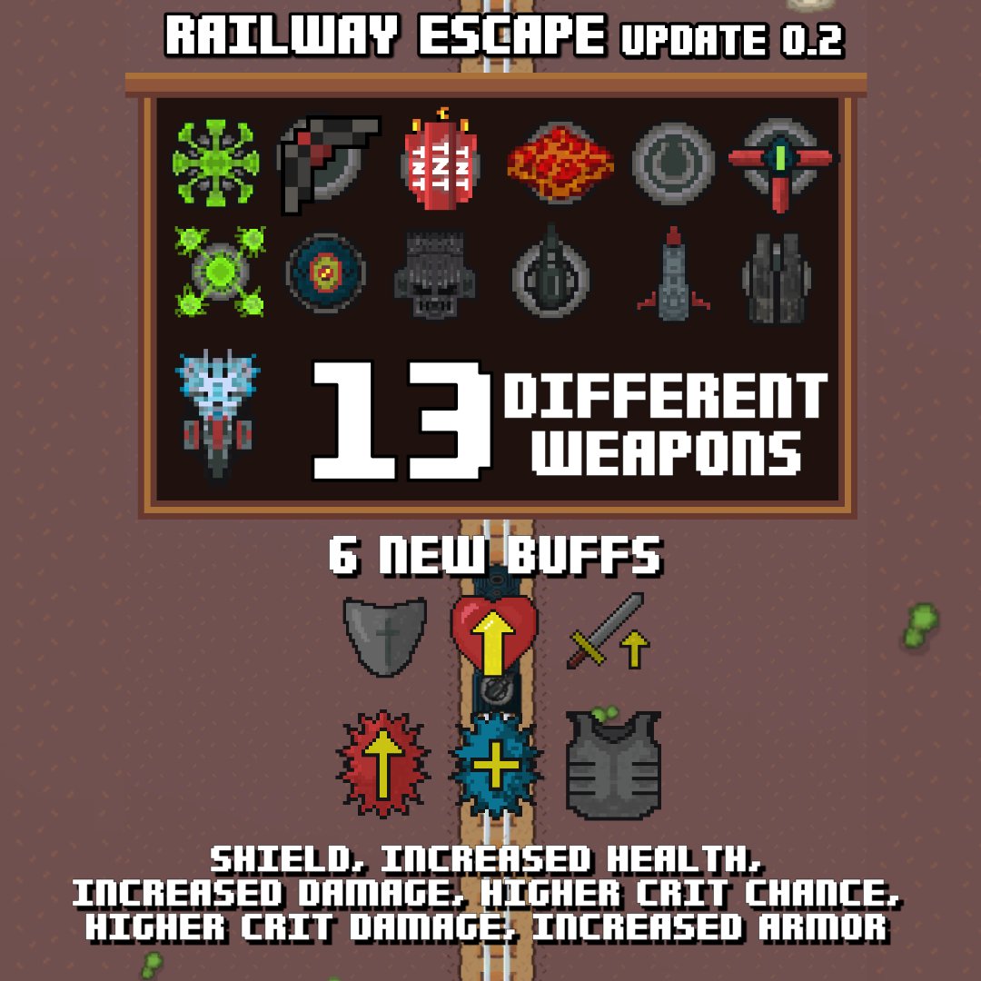wolverineisland's tweet image. We also implemented BUFFS in the 0.2 update of Railway Escape. A new feature to help you survive longer. Every 10 levels you get to choose between increased damage, health, crit and more. Choose wisely! What's your best time? Tell us! #railwayescape #indiegame #indiedev 🛤️