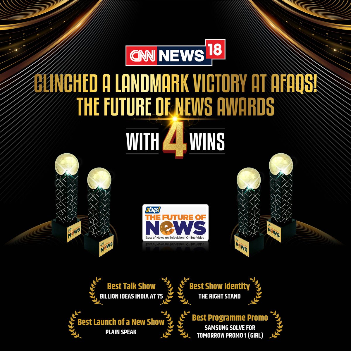 CNNnews18's tweet photo. Landmark victory for CNN-News18 at Afaqs Future of News Awards! 

Bags the awards for #BestTalkShow #BestShowIdentity #BestLaunchOfANewsShow &amp; #BestProgramPromo 

#BillionIdeasIndiaAt75 #TheRightStand #PlainSpeak #FutureOfNewsAwards | @maryashakil @AnchorAnandN @ShivaniGupta_5 https://t.co/QwHc9wFUcN
