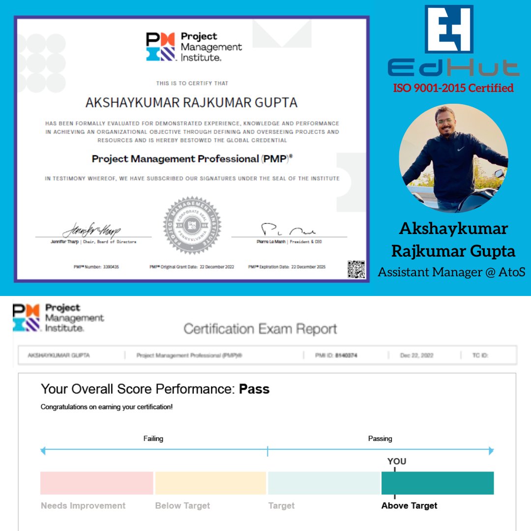 Team Edhut would like to CONGRATULATE Akshaykumar Rajkumar Gupta on his well-deserved success as PMP certified professional as per New Exam Pattern by PMI with the above target result.
#pmptraining #pmpcertification #PMP #PMI #pmbok #35PDU #globalleaders #projectmanager