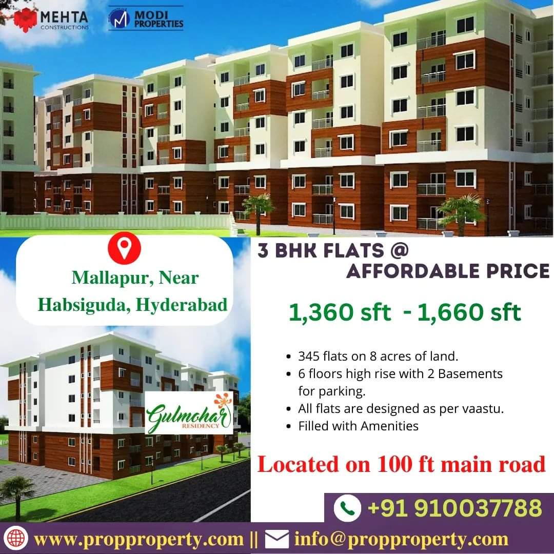 3 BHK Affordable Flats @ Mallapur, Near Habsiguda, Hyderabad.
For more information Call/WhatsApp +91 9100377088.
Visit Us : propproperty.com
#mehtaproppropertyonlineprivatelimited 
#mehtaconstructions #3bhkapartments #luxurylifestyle #affordableflats #3bhkflatsmallapur