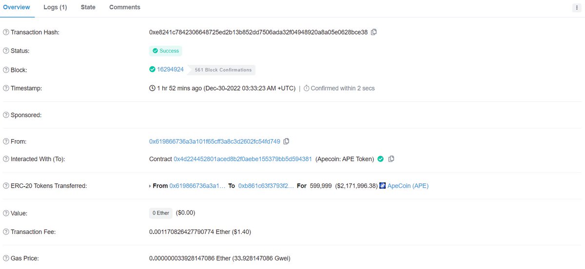 OnchainDataNerd's tweet photo. 2 hours ago, the fourth largest $APE staker, sent 600K ($2,1M) to @binance.

This is partly the reward from staking, which it accumulated since Dec 15th, at a total of 240K $APE ($850K)

The rest is withdrawal from the pool.

It still has 2.1M $APE ($7,5M). https://t.co/M1ILQPQ77Z