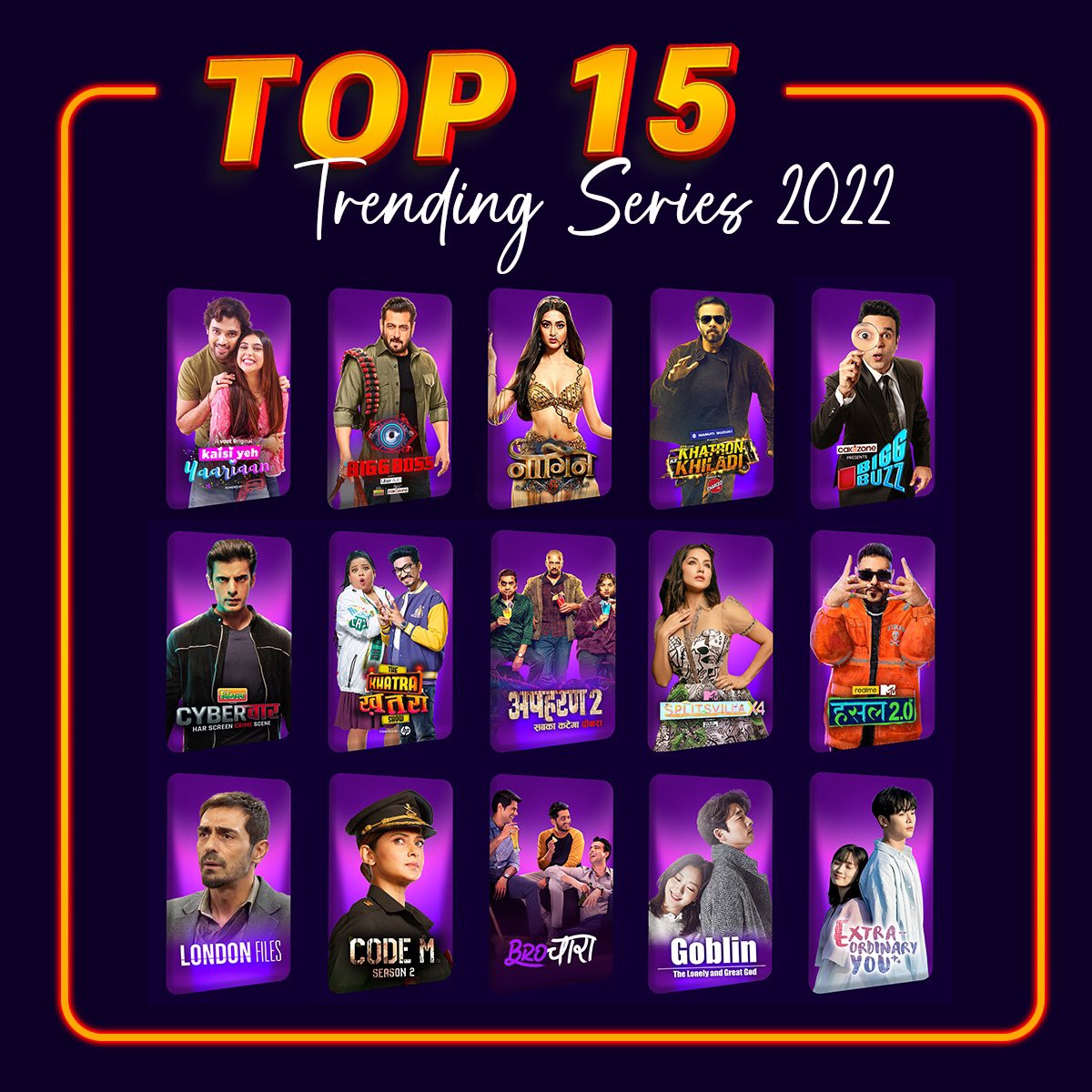justvoot's tweet photo. You got them trending! Presenting our top 15 shows of 2022!
#Voot #Entertainment #VootApp #KYYS4 #CyberVaar #BiggBuzz #KhatraKhatraShow #BiggBoss16 #Naagin #KhatronKeKhiladi #Apharan2 #MTVSplitsvillaX4 #MTVHustle https://t.co/UH6kTbEs94
