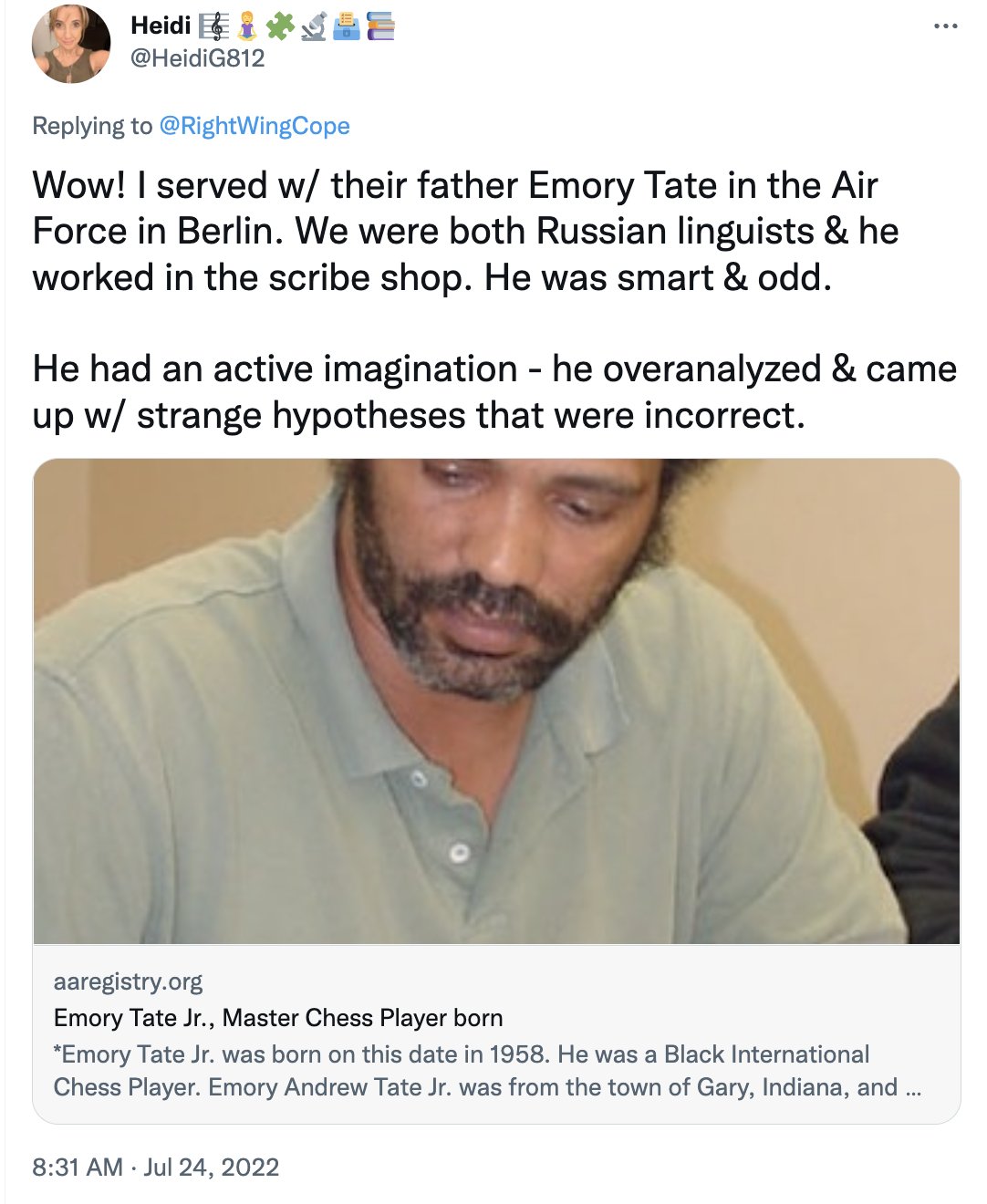 Kath on X: Emory Tate served in the U.S. Air Force as a sergeant, where he  excelled as a linguist. The military taught him Russian. Tate learned  Spanish through being an exchange