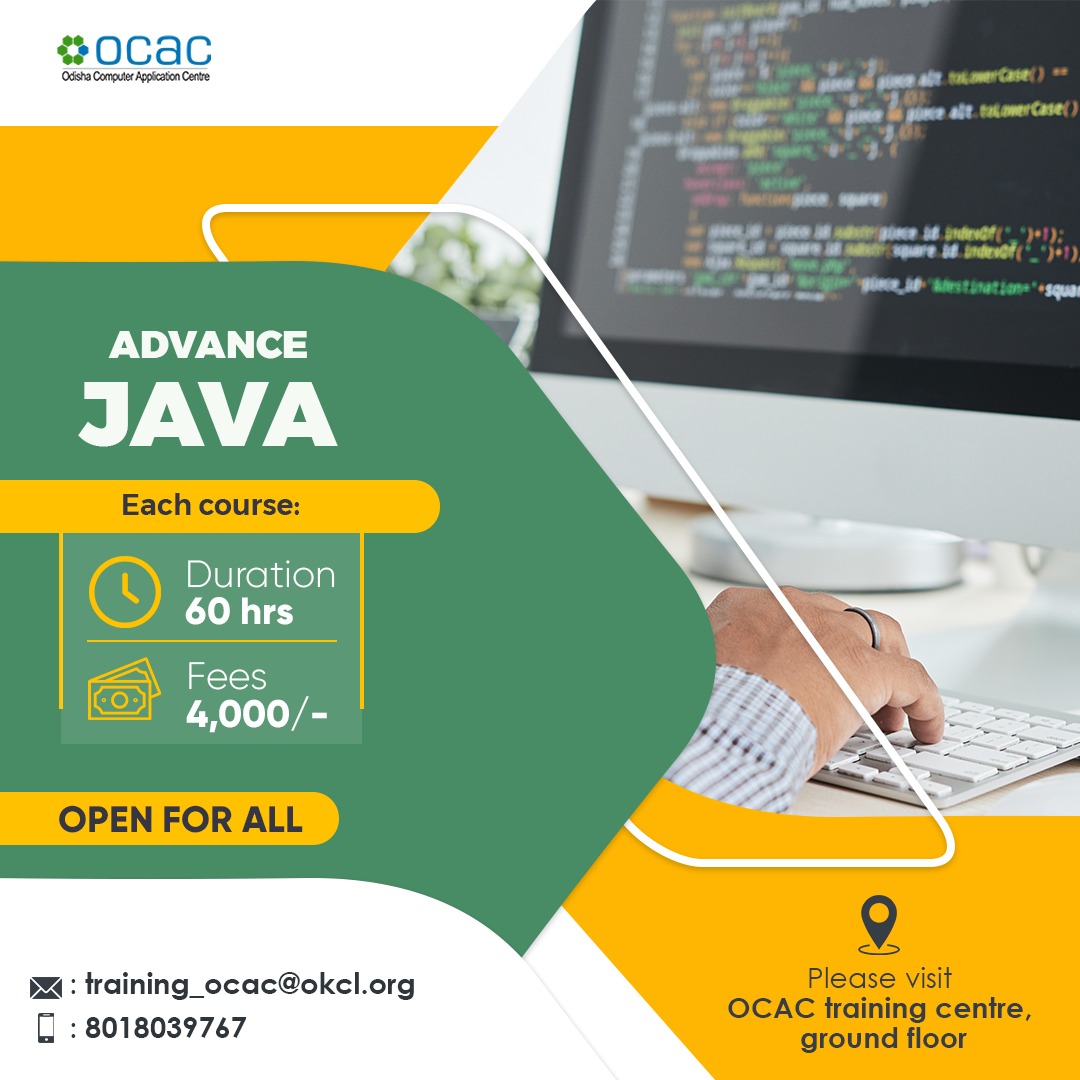 OCAC_Odisha's tweet photo. Advance Java encompasses all of the programming skills needed to create enterprise-level applications. Enrol now for the #AdvanceJava course offered at OCAC Training Centre, #Bhubaneswar and learn advanced concepts of #Java from a team of experts.
#SkilledOdisha #AdvanceJava https://t.co/2pyOtBrl7F