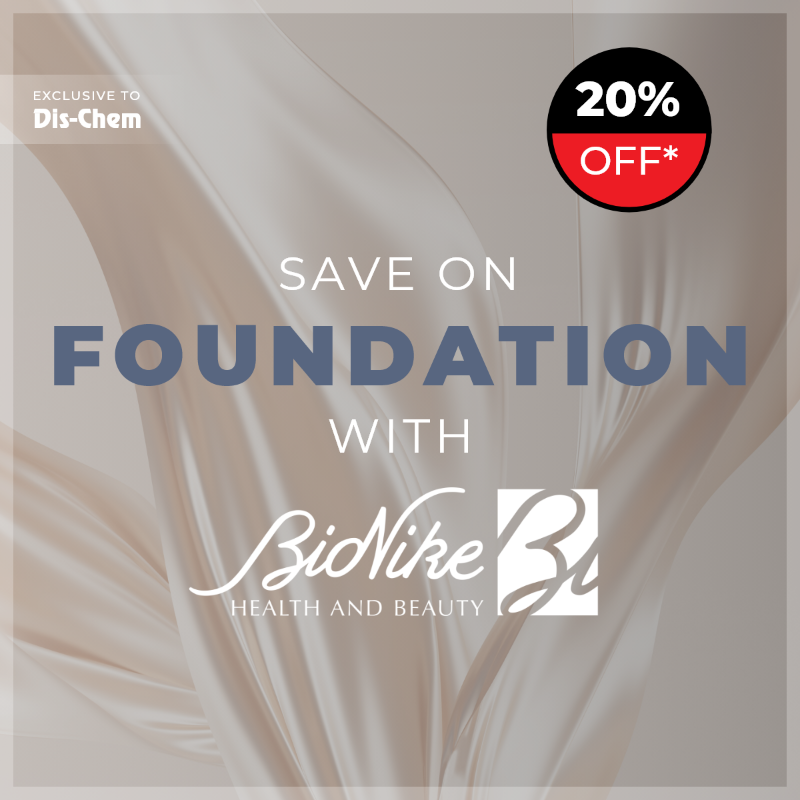 Dischem's tweet photo. Sensitive, allergy-prone skin won’t stop you from looking and feeling your best with BioNike’s foundation. ✨ Stock up on your shade for less with 20% off! #DisChemDecemberSavings #Beauty #Cosmetics #BioNike