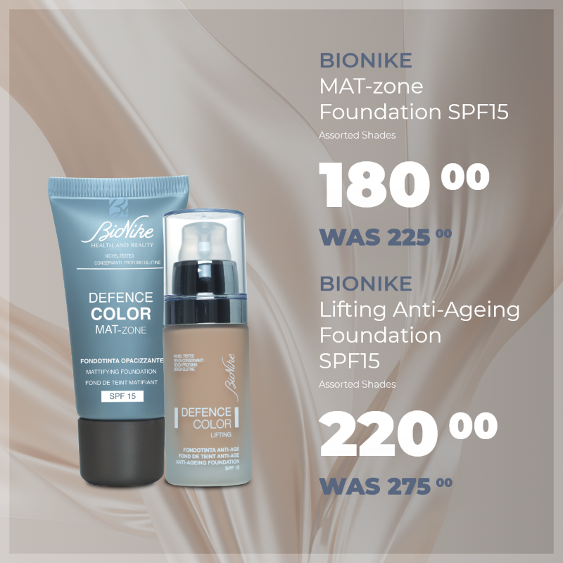 Dischem's tweet photo. Sensitive, allergy-prone skin won’t stop you from looking and feeling your best with BioNike’s foundation. ✨ Stock up on your shade for less with 20% off! #DisChemDecemberSavings #Beauty #Cosmetics #BioNike