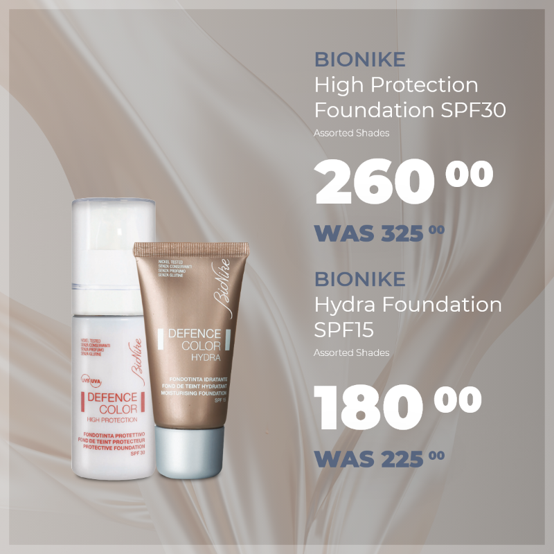 Dischem's tweet photo. Sensitive, allergy-prone skin won’t stop you from looking and feeling your best with BioNike’s foundation. ✨ Stock up on your shade for less with 20% off! #DisChemDecemberSavings #Beauty #Cosmetics #BioNike