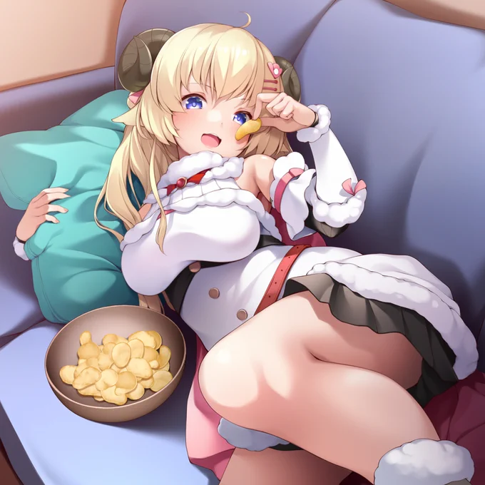 寝っ転がりながらポテチを食うわるいわため #つのまきあーと 