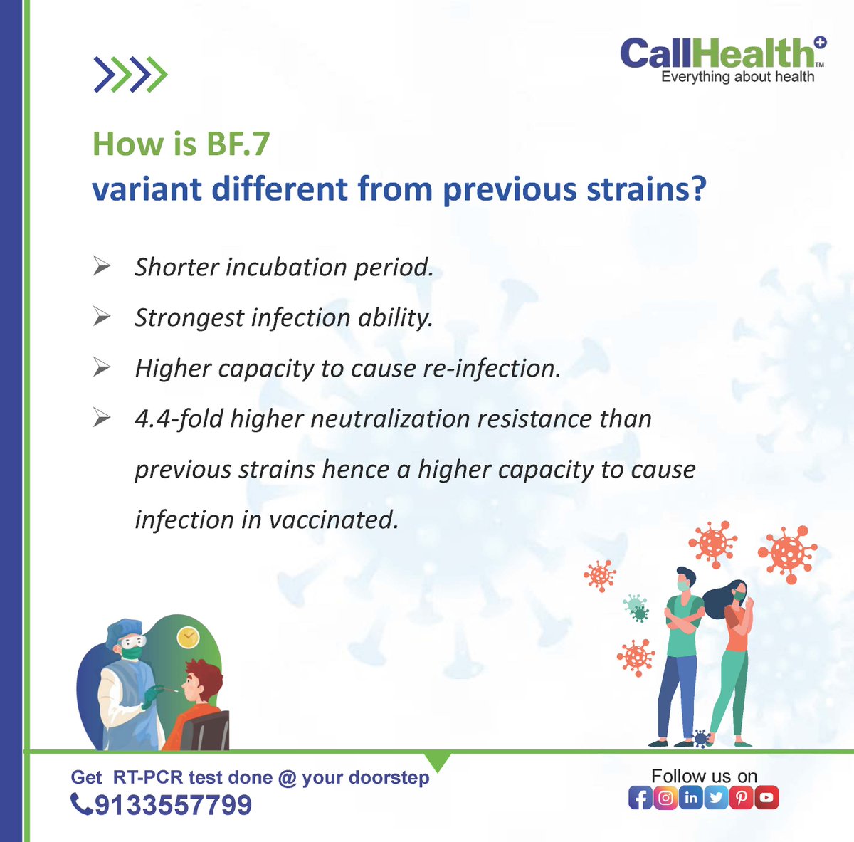 Considering the worldwide prevalence of BF.7 Covid New Variant, it’s imperative that you arm yourself with essential facts relating to this latest variant

#CallHealth - #EverythingAboutHealth
#COVID #COVID19 #Health #care #OmicronBF7