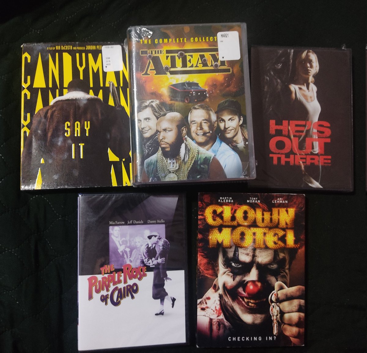 The last haul of the year #candyman #ateam #clowmhotel #heshoutthere #moviecollection #dollartreemovies #dollartreedvds #swapmeet