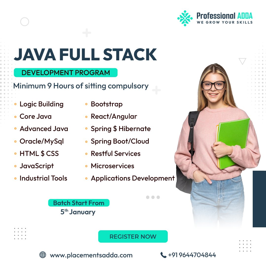 Java Full Stack 'Development Program'👨‍🎓👍
👉 Minimum 9 Hours of sitting compulsory..

-> Call 📞- +91-9644704844 📱

#ProfessionalAdda #ITprofessional #JavaFullStack #FullStackDevelopment #Java #corporatetraining #placementstraining #placements2023 #joinus #Indore