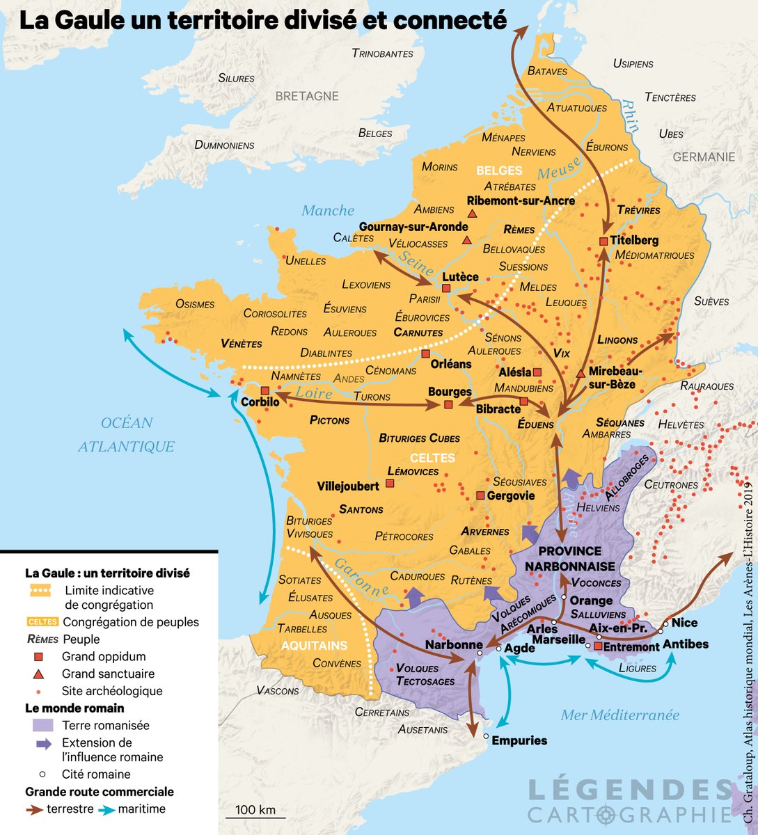 LegendesCarto's tweet photo. N°2 La Gaule un territoire divisé et connecté. Publiée lors de notre semaine sur les Celtes, la carte a été réalisée pour le n°439 de L'Histoire sur les Gaulois, une civilisation majeure. Maintenant rendez-vous à 18 heures, pour découvrir votre carte préférez de l'année 2022. https://t.co/WlqRbOnYgI