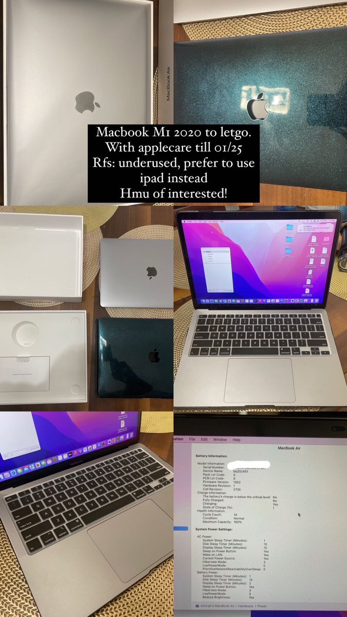 Macbook Air M1, 256GB (2020) to letgo!
Applecare Warranty still active until 2025 (worth RM799)
Condition: 9/10 (rarely use) 

Helping a friend out, dm me if interested!